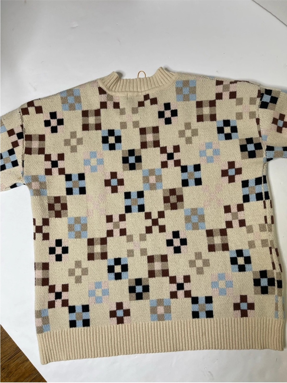 NWT VRG GRL Mosaic Geometric Check Chunky Knit Pullover Sweater Size S